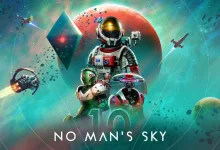 No Man's Sky explorers and spacecraft gathered against colorful planets and cosmic debris