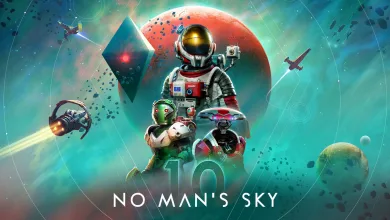 No Man's Sky explorers and spacecraft gathered against colorful planets and cosmic debris