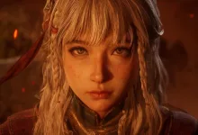 Close-up portrait of a blonde, braided character from Nodusfall in warm, smoky lighting.