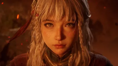 Close-up portrait of a blonde, braided character from Nodusfall in warm, smoky lighting.