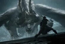 A Nodusfall hunter confronts a towering creature in a rain-soaked landscape.