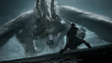 A Nodusfall hunter confronts a towering creature in a rain-soaked landscape.