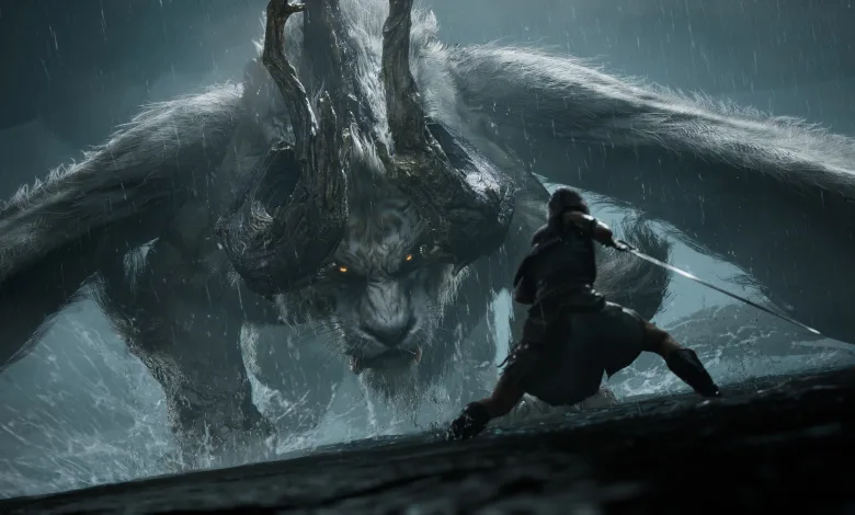 A Nodusfall hunter confronts a towering creature in a rain-soaked landscape.