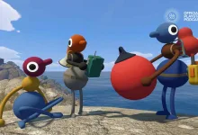 Four colorful Big Walk characters stand on a seaside overlook beneath the Official PlayStation Podcast logo.