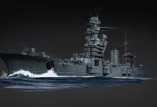 Rendered Oktyabrskaya Revolutsiya battleship sailing through dark water in War Thunder