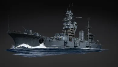 Rendered Oktyabrskaya Revolutsiya battleship sailing through dark water in War Thunder
