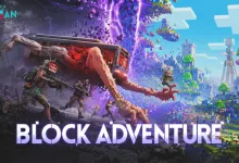 Once Human characters battle near a giant creature in Block Adventure artwork.