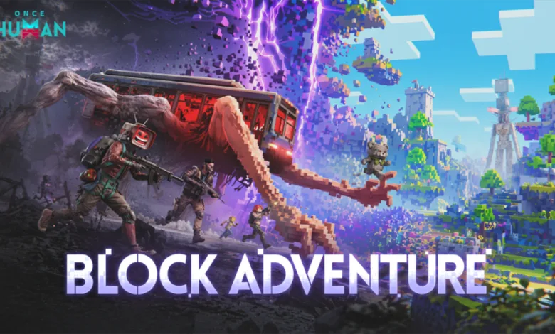 Once Human characters battle near a giant creature in Block Adventure artwork.