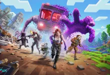 Once Human characters running through a block-themed landscape as a purple creature and transformed vehicle approach
