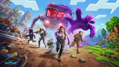Once Human characters running through a block-themed landscape as a purple creature and transformed vehicle approach