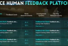 Once Human Feedback Platform showing feedback items for first-person fire VFX, planter skins, Growshroom harvesting, and viewing other players' gear