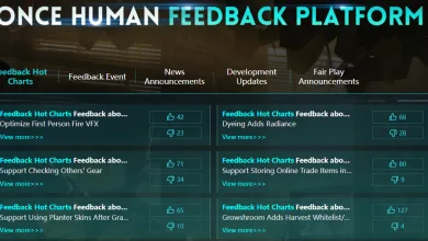Once Human Feedback Platform showing feedback items for first-person fire VFX, planter skins, Growshroom harvesting, and viewing other players' gear