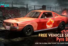A red Pyro Dino muscle car vehicle skin from Once Human's Global Heat event in a graffiti-covered post-apocalyptic street