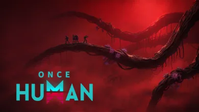Once Human logo over a red landscape with silhouetted figures and large twisting branches