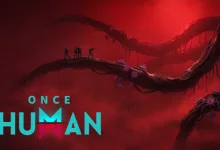 Once Human logo over a red scene with silhouetted figures standing on giant twisting branches.