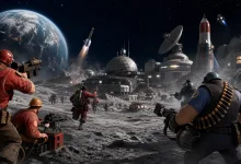 Red and blue Team Fortress 2-style fighters battle outside a lunar base with Earth visible in the background.