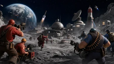 Red and blue Team Fortress 2-style fighters battle outside a lunar base with Earth visible in the background.