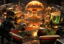 Operators fight across a giant pinball table surrounding a central mushroom cloud, with a bus and green house structure in the background.