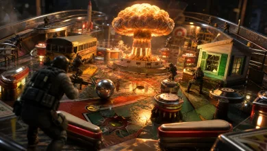 Operators fight across a giant pinball table surrounding a central mushroom cloud, with a bus and green house structure in the background.