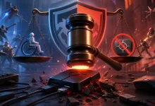 A dramatic gaming scene shows a judge's gavel, balance scales, an accessibility symbol, and unauthorized gaming peripherals amid a blue-and-red futuristic shooter battle.