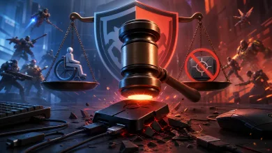 A dramatic gaming scene shows a judge's gavel, balance scales, an accessibility symbol, and unauthorized gaming peripherals amid a blue-and-red futuristic shooter battle.