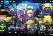 Overwatch battle pass screen showing a seasonal rewards interface with a featured hero, reward tiles, and progression controls.