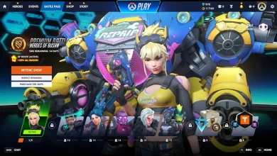Overwatch battle pass screen showing a seasonal rewards interface with a featured hero, reward tiles, and progression controls.