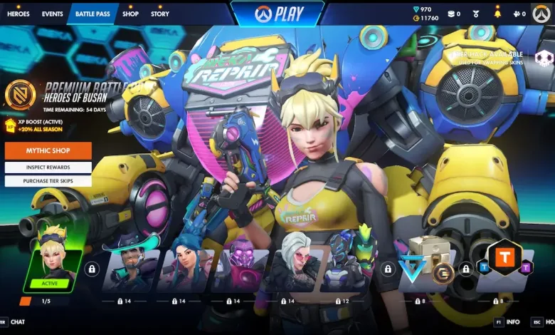 Overwatch battle pass screen showing a seasonal rewards interface with a featured hero, reward tiles, and progression controls.