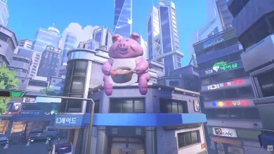 A bright city scene from Overwatch's Busan map with a large pink pig statue above the streets