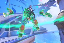 Promotional screenshot of Overwatch hero D.Mon hovering above her mech as its pieces fly into place.