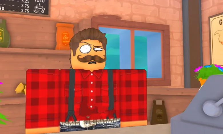 A Roblox cafe worker stands behind the counter in Own a Cafe.