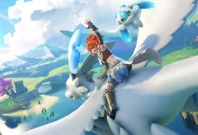 A red-haired character rides a large white flying creature over a bright fantasy landscape with other creatures nearby