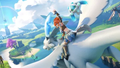 A red-haired character rides a large white flying creature over a bright fantasy landscape with other creatures nearby