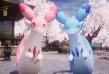Palworld's Chillet Ignis and Chillet stand beneath cherry blossom trees in a Japanese-inspired setting.