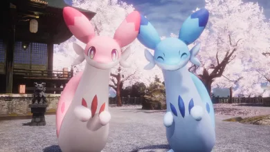 Palworld's Chillet Ignis and Chillet stand beneath cherry blossom trees in a Japanese-inspired setting.