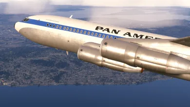A Pan Am Boeing 707 flies over a coastal city and waterfront in Microsoft Flight Simulator 2024.