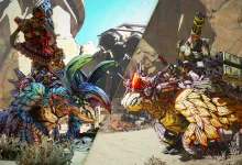 Two heavily armed creatures face each other in a Borderlands 4 scene