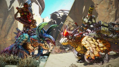 Two heavily armed creatures face each other in a Borderlands 4 scene