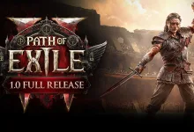 Path of Exile 2 1.0 Full Release artwork with a sword-wielding warrior beside the Path of Exile logo