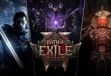 Path of Exile 2 artwork showing a swordsman, a purple-lit creature, and an armored figure around the game logo