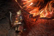 A Path of Exile 2 character stands beside a large fiery dragon in a dark cavern