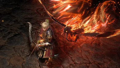 A Path of Exile 2 character stands beside a large fiery dragon in a dark cavern