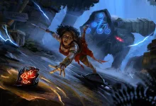 Fan art for Path of Exile 2 showing a red-clad character reaching toward a glowing object as a large creature looms in a blue-lit storm.