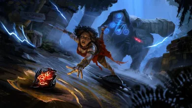 Fan art for Path of Exile 2 showing a red-clad character reaching toward a glowing object as a large creature looms in a blue-lit storm.