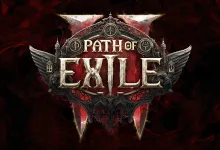 Path of Exile 2 logo centered on a dark red background