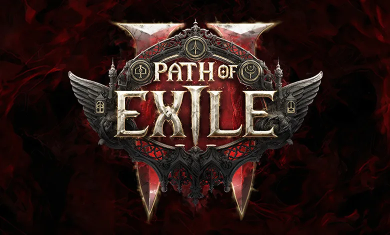 Path of Exile 2 logo centered on a dark red background