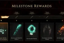 Path of Exile 2 milestone rewards graphic showing registration thresholds from 1 million to 4 million and five exclusive rewards