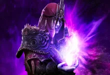 A hooded armored character holds a bright sphere of purple magical energy in Path of Exile artwork.