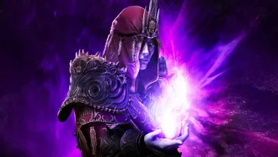 A hooded armored character holds a bright sphere of purple magical energy in Path of Exile artwork.