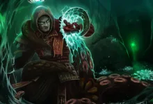 Fan art showing a hooded character beside a glowing spectral creature in a dark green cavern.